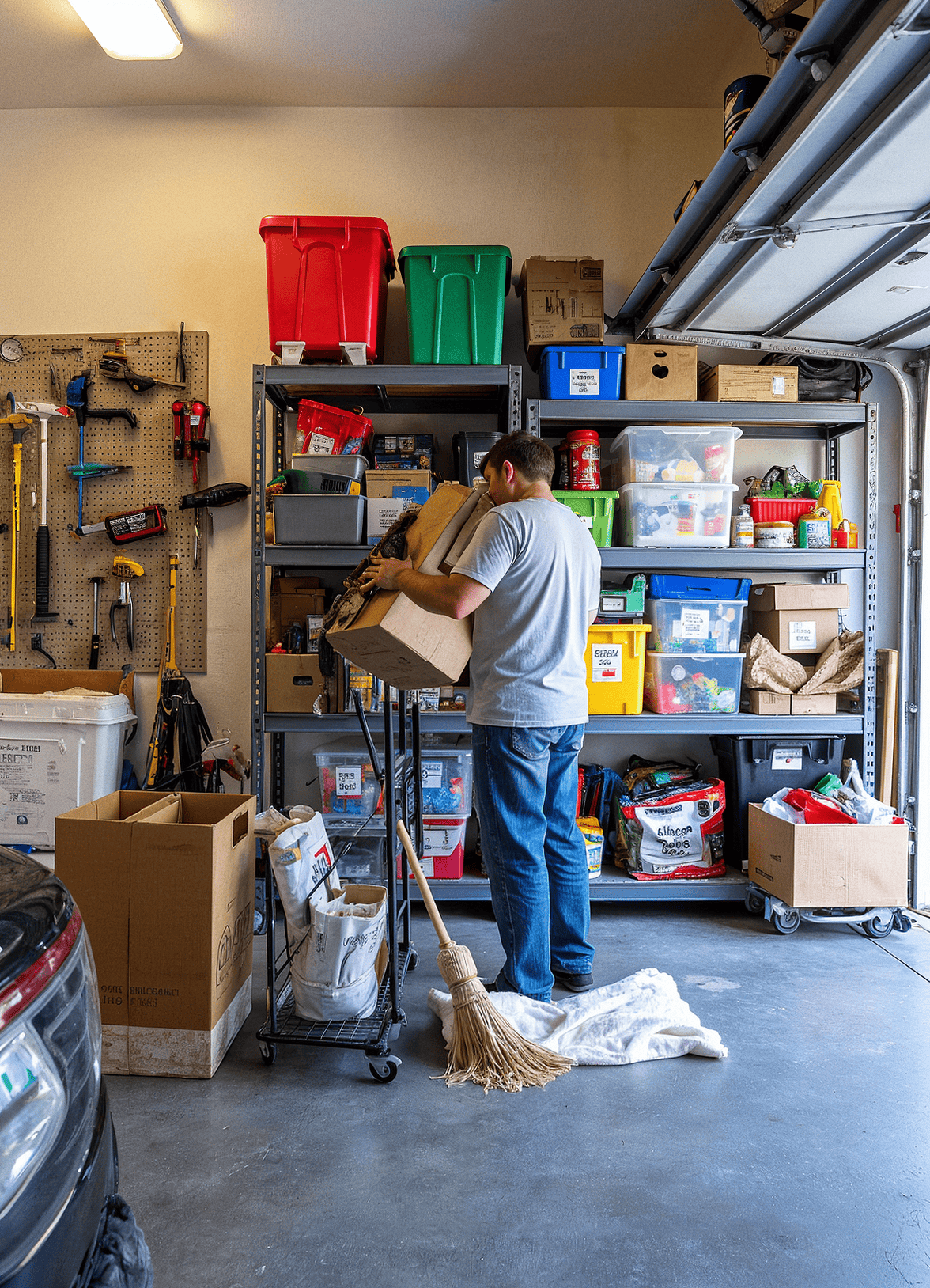 a person in casual clothing is sorting labeled storage bins (tools, sports gear, holiday décor) on sturdy metal shelves.