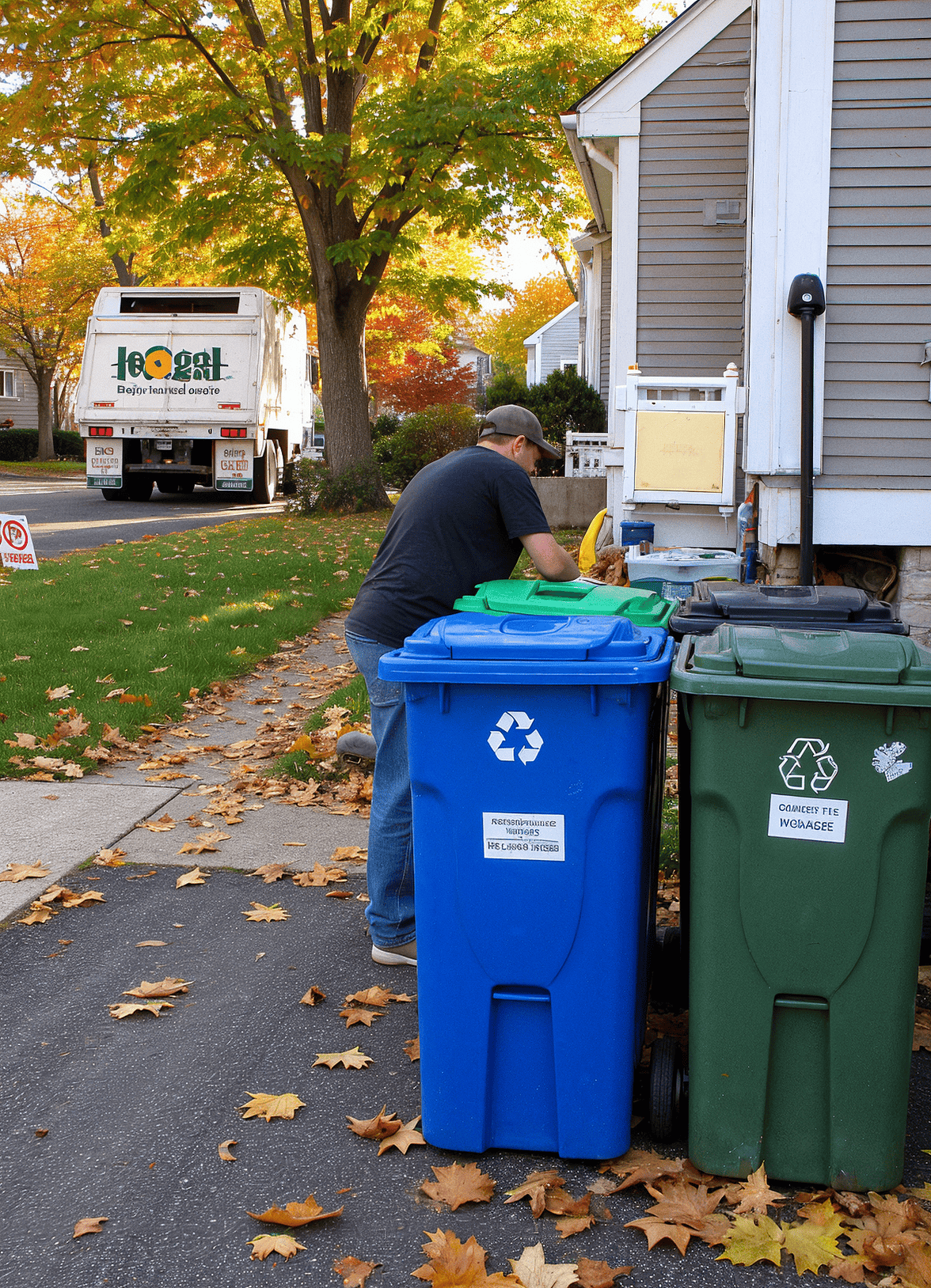 a resident carefully sorting items for disposal into labeled recycling, compost, and trash bins