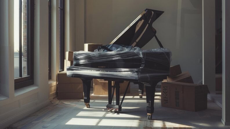 a grand piano wrapped in plastic awaits its new home surrounded by boxes