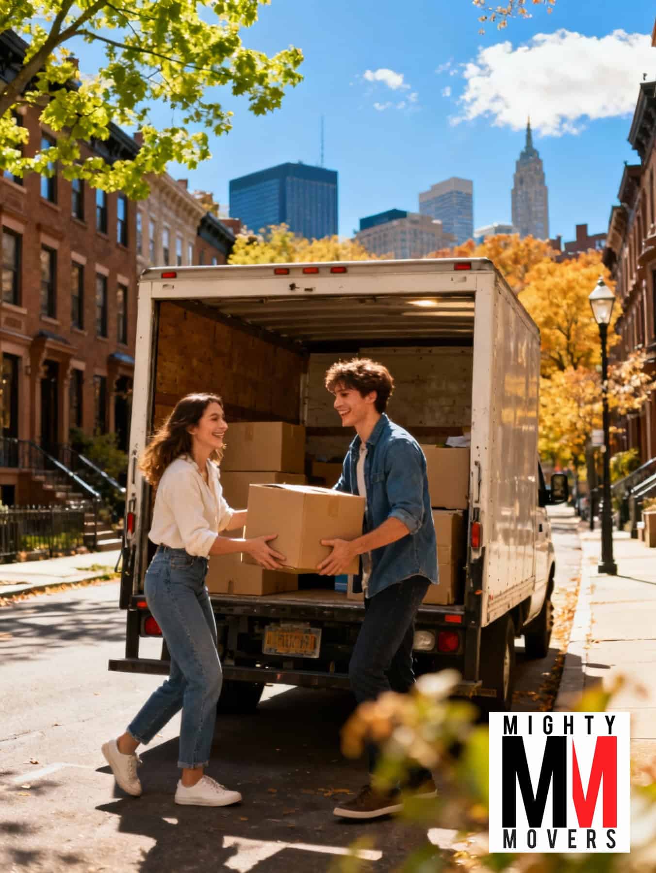 a cheerful young couple moving into a boston apartment on a sunny day.